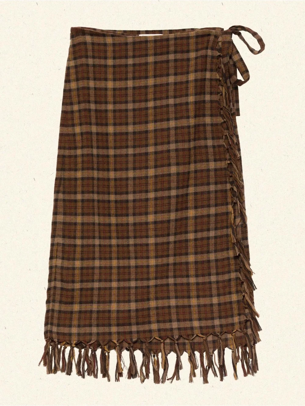 NWT Saskia Brown Wool Plaid Fringe Midi Skirt - Doen Heirloom - Picture 5 of 6